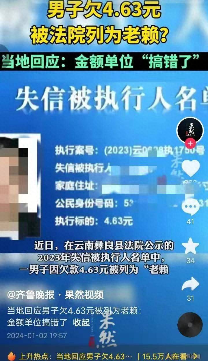 男子欠4.63元被列爲老賴，法院廻應系操作失誤？